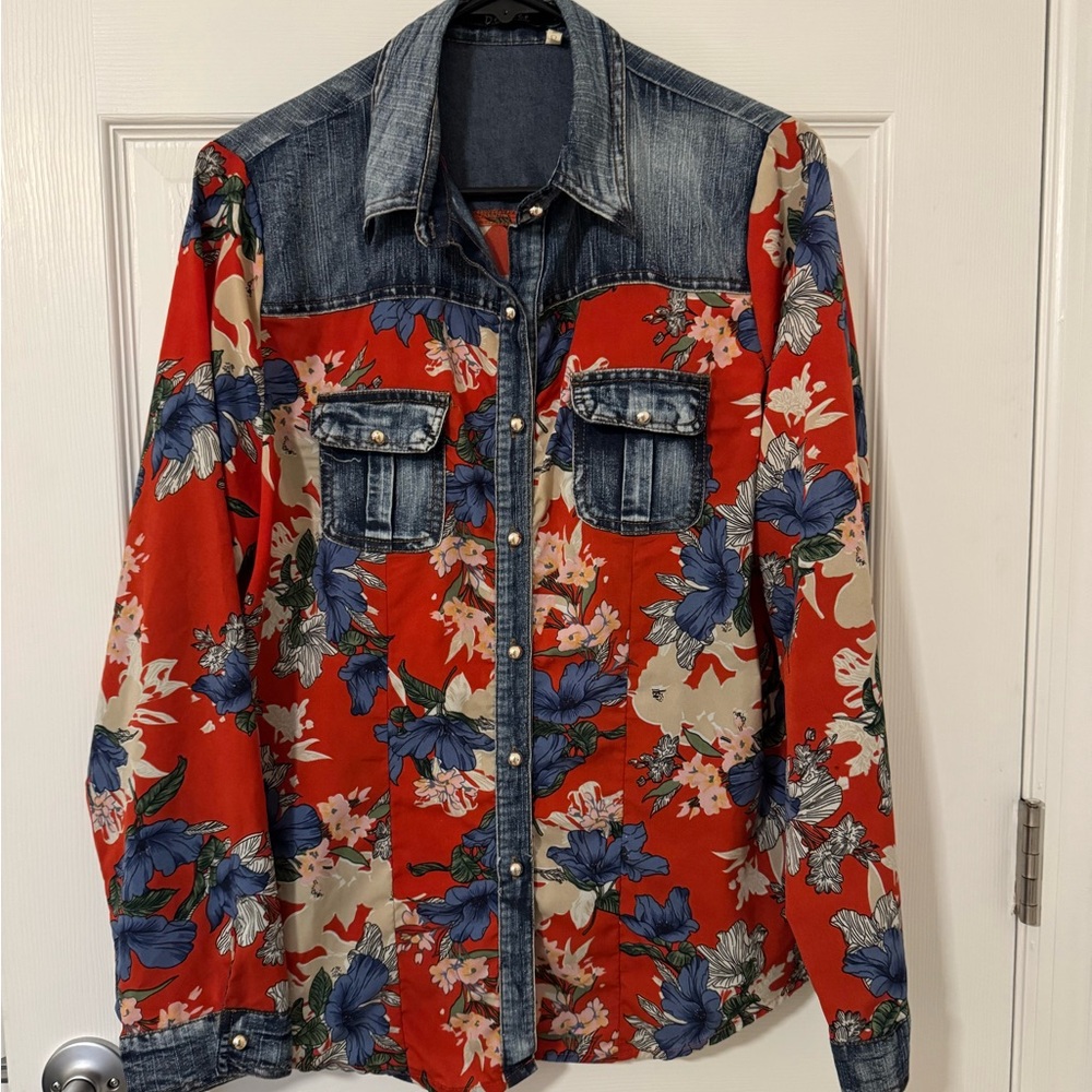 Floral Button Down Shirt - Red and Blue - Picture 1 of 5